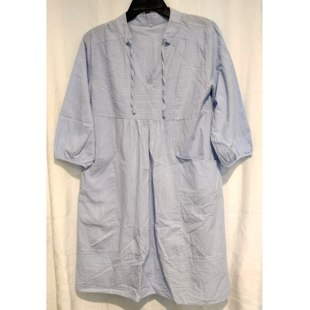 Light Blue Cotton Dress Peasant Babydoll Casual Beach 3/4 Sleeve V-Neck Small